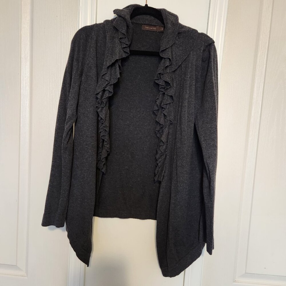 The Limited Y2K Light Charcoal Grey Open Front Casual Sweater Ruffles- L size